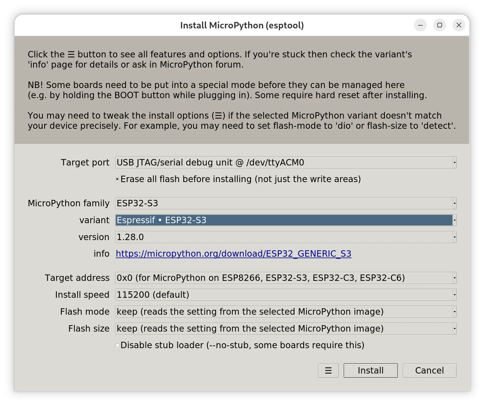 Screenshot dialogu instalace MicroPython v Thonny editoru